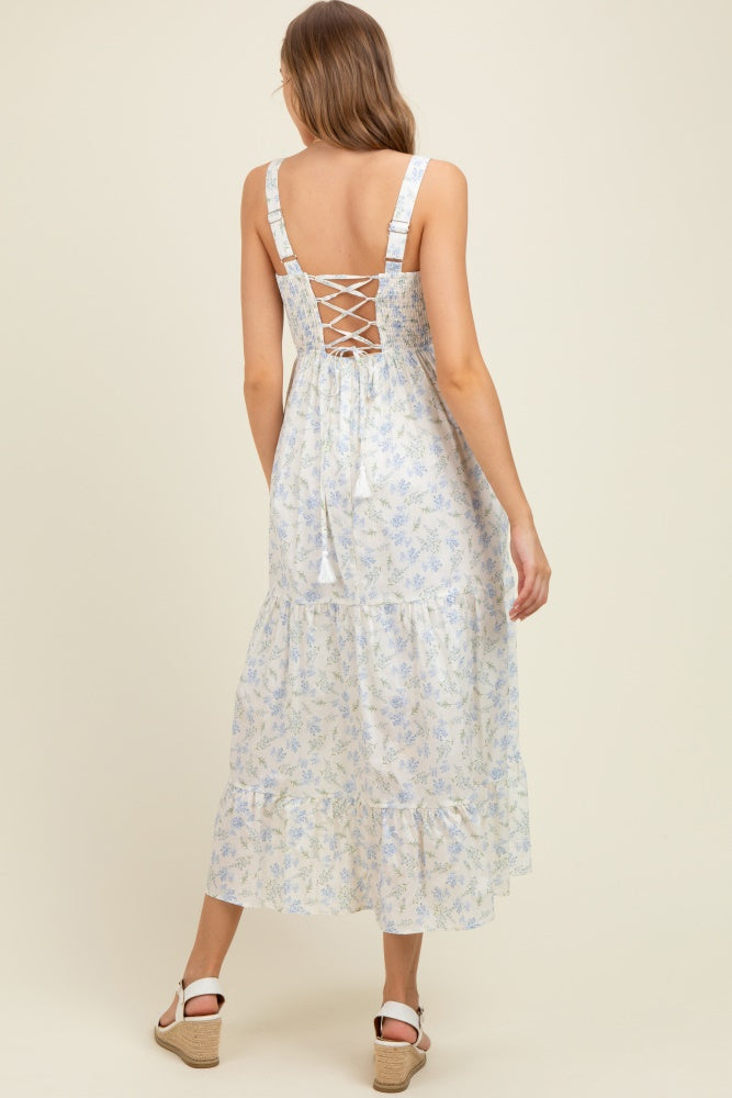 Light Blue Smocked Cotton Floral Sleeveless Maternity Maxi Dress