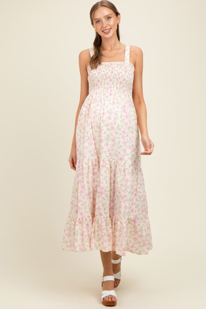Light Pink Smocked Cotton Floral Sleeveless Maternity Maxi Dress