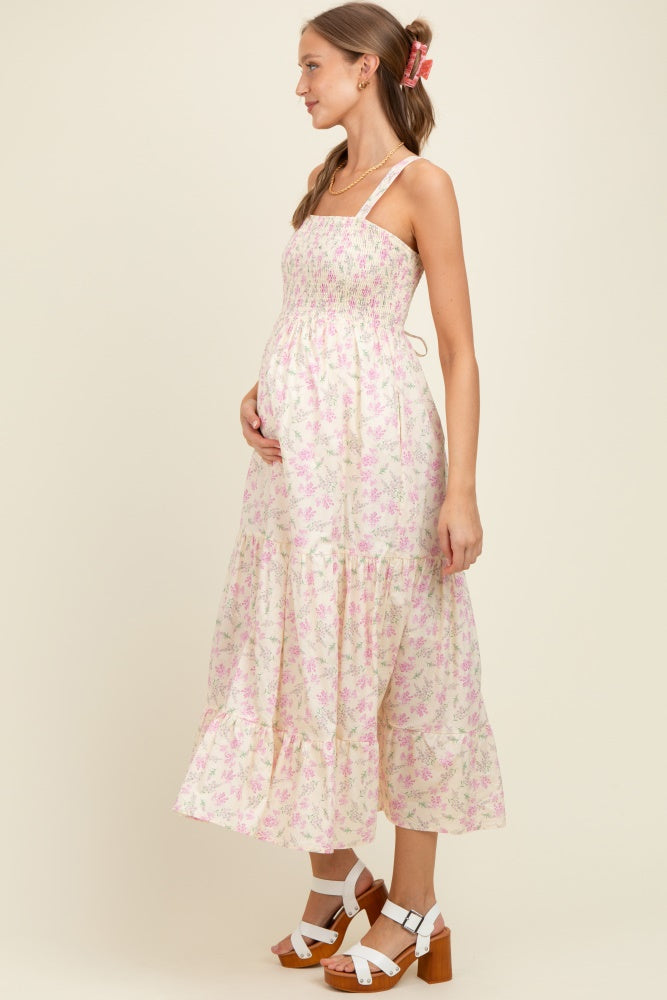 Light Pink Smocked Cotton Floral Sleeveless Maternity Maxi Dress