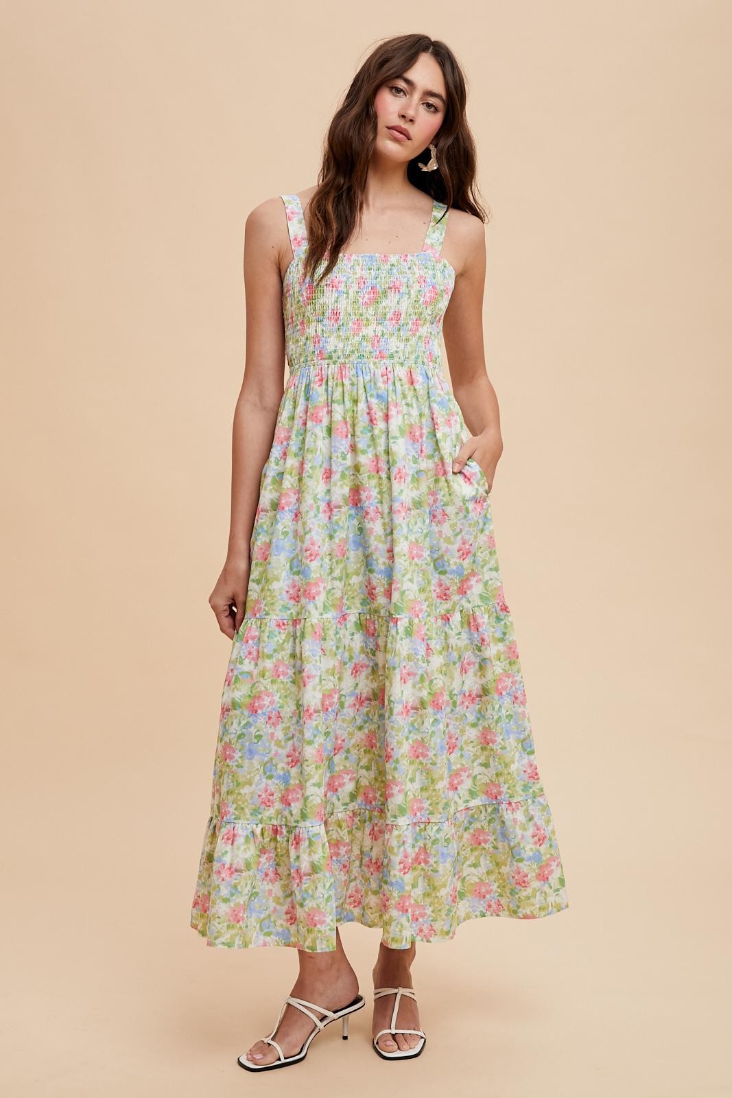 Multi Color Smocked Cotton Floral Sleeveless Maternity Maxi Dress