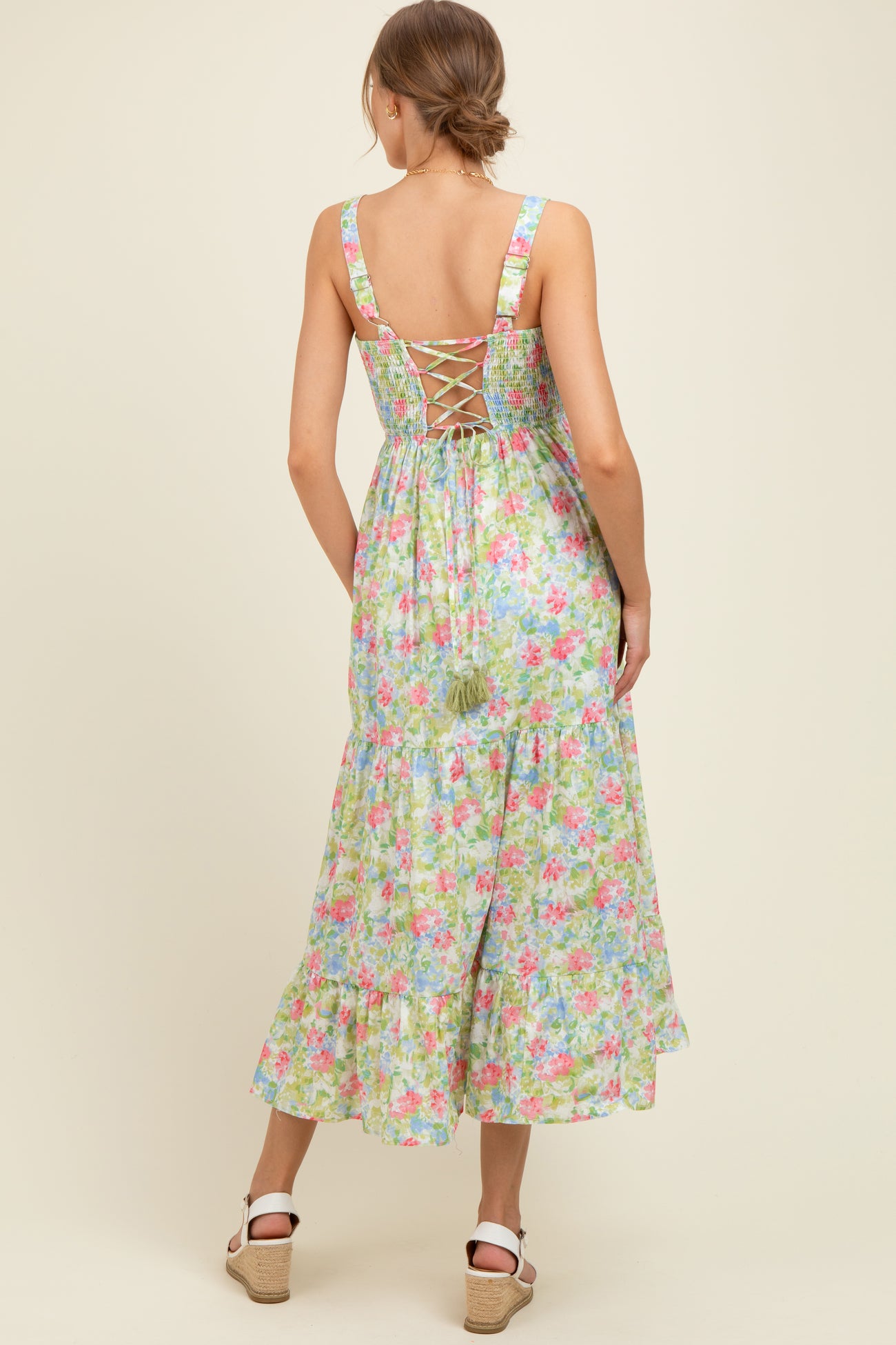 Multi Color Smocked Cotton Floral Sleeveless Maternity Maxi Dress