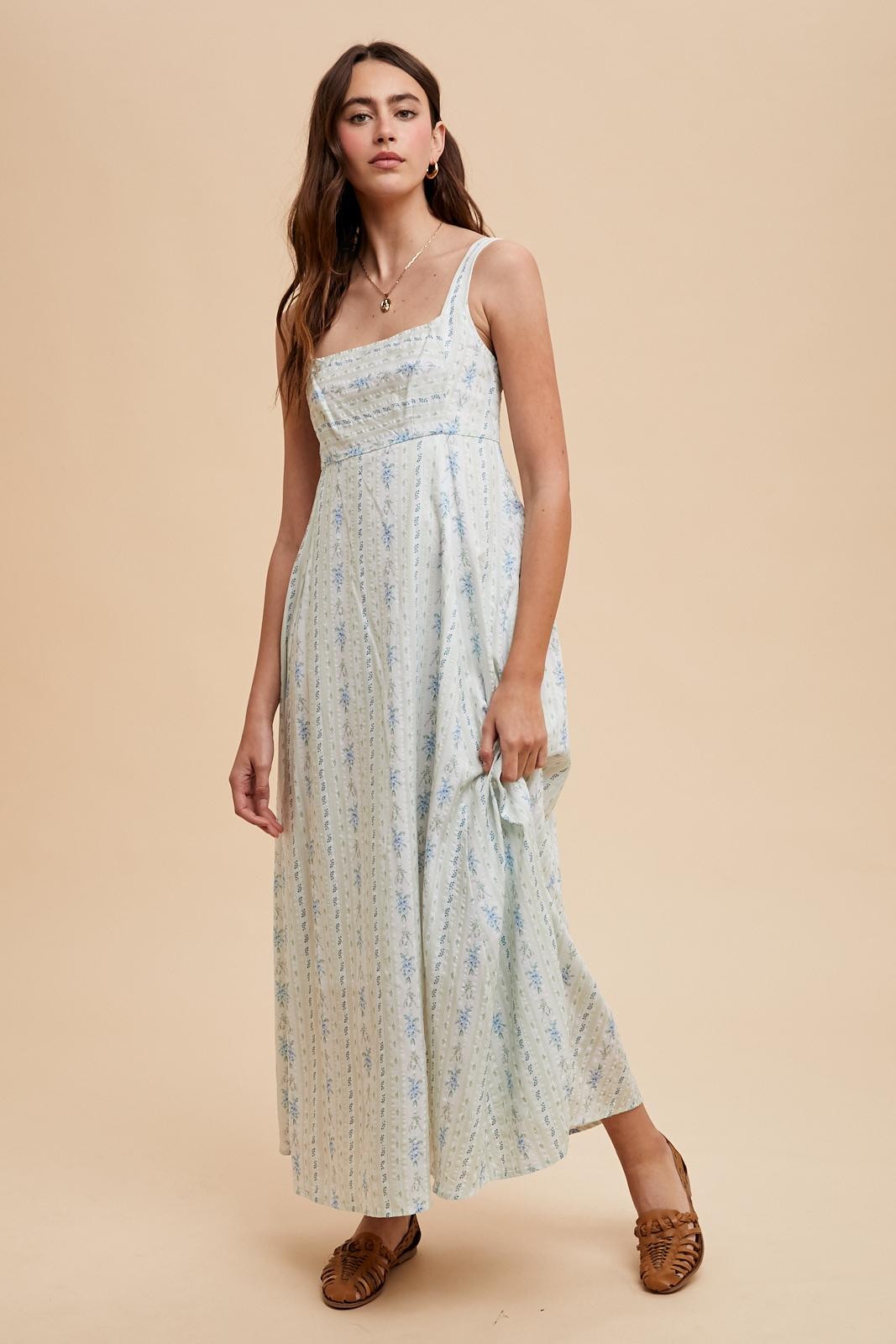 Light Blue Cotton Floral Square Neck Sleeveless Maternity Maxi Dress