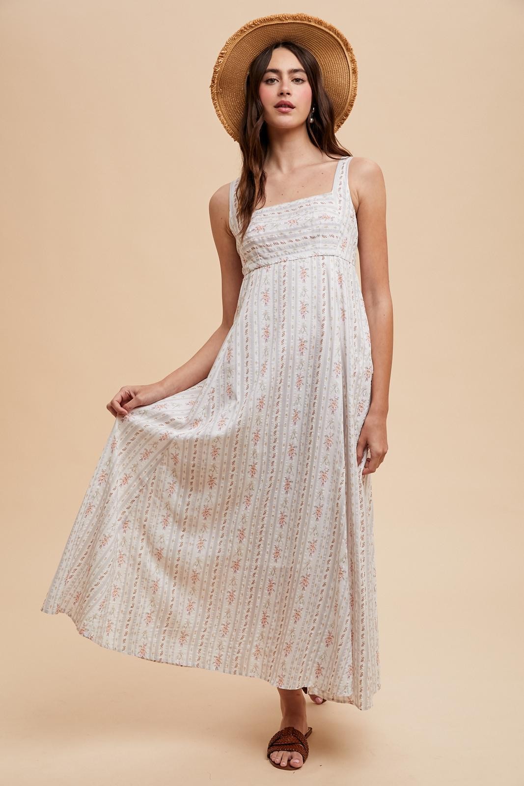 Light Gray Cotton Floral Square Neck Sleeveless Maternity Maxi Dress
