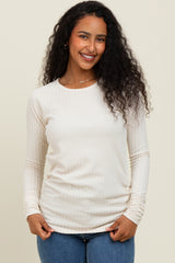 Ivory Solid Ribbed Ruched Long Sleeve Top
