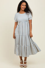 Cream/Blue Striped Short Sleeve Tiered Maternity Maxi Dress