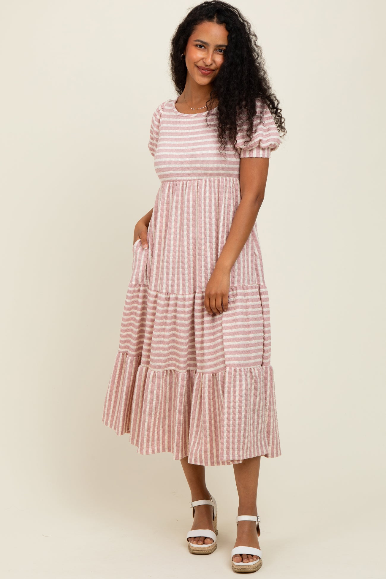 Mauve/Beige Striped Short Sleeve Tiered Maternity Maxi Dress