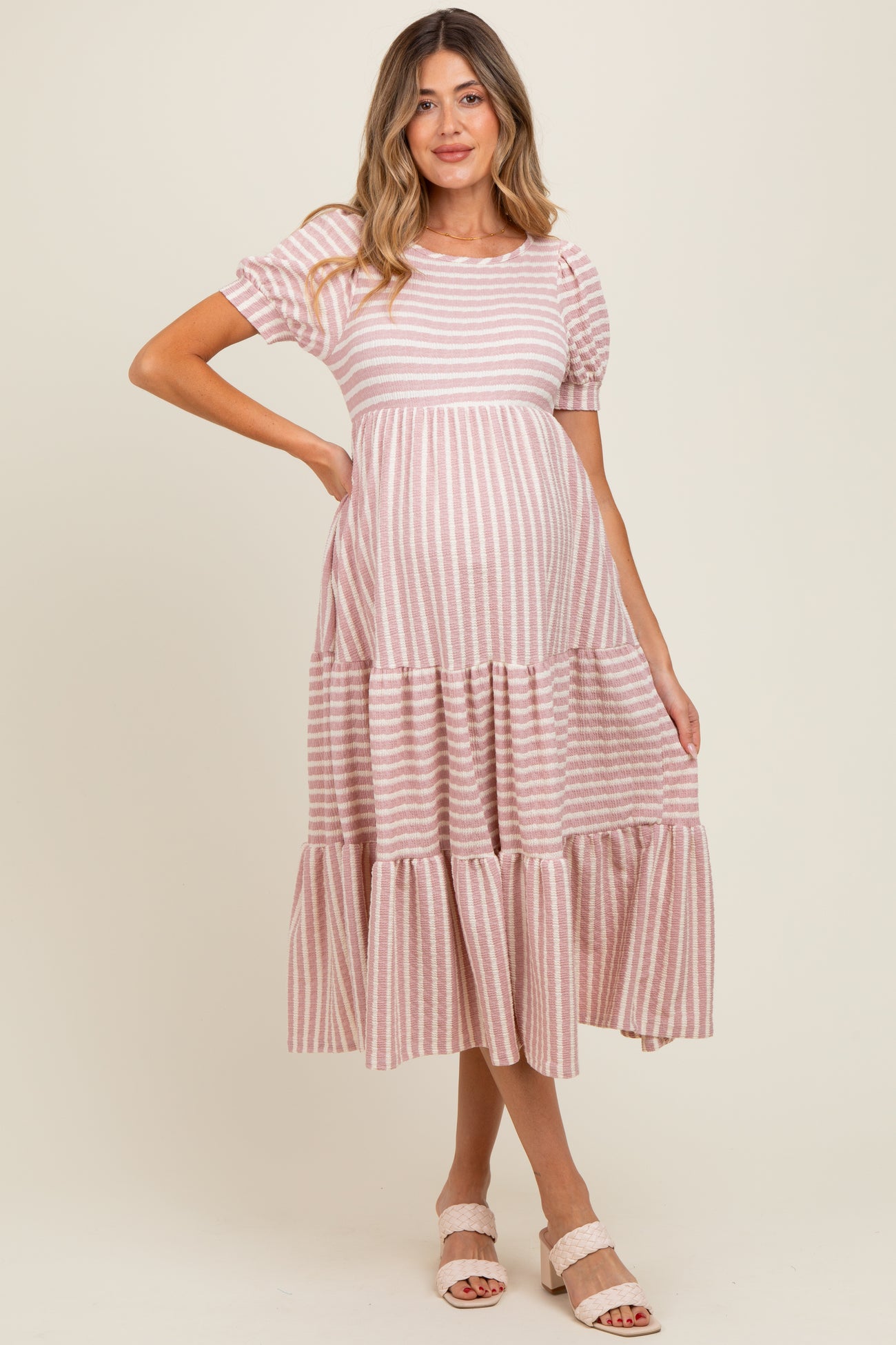 Mauve/Beige Striped Short Sleeve Tiered Maternity Maxi Dress