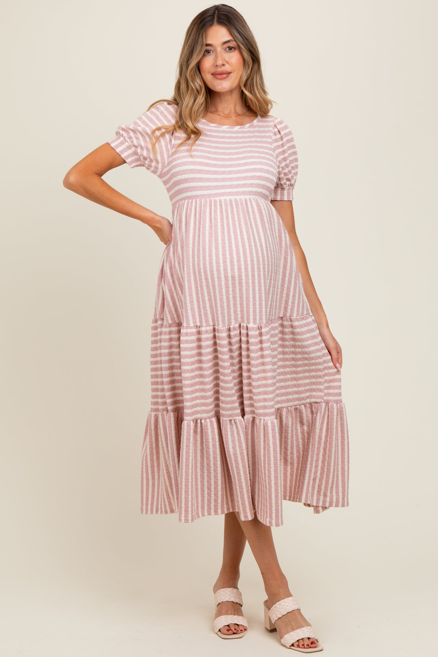Mauve/Beige Striped Short Sleeve Tiered Maternity Maxi Dress