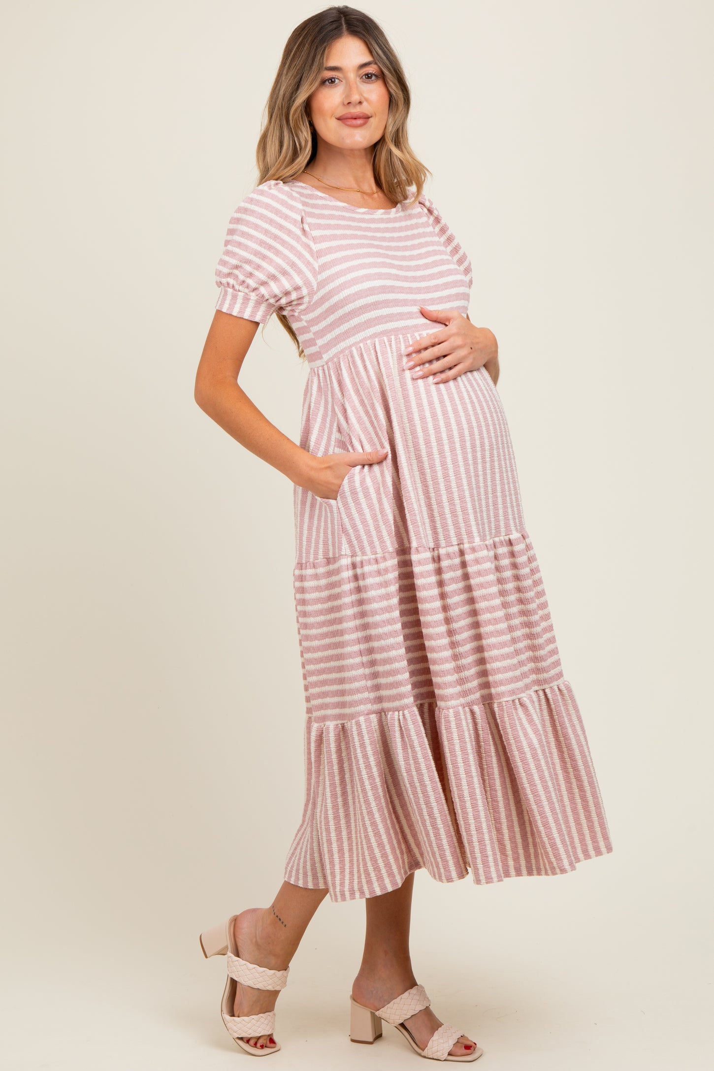 Mauve/Beige Striped Short Sleeve Tiered Maternity Maxi Dress