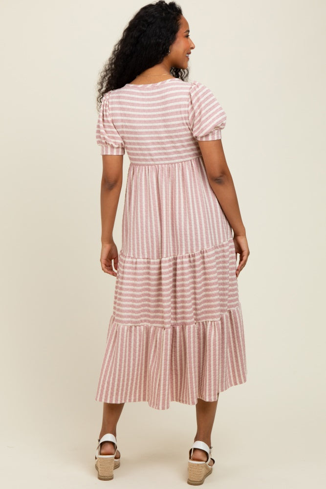 Mauve/Beige Striped Short Sleeve Tiered Maxi Dress