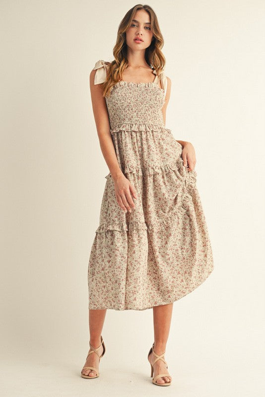Cream Tie Shoulder Detail Floral Maternity Midi Dress