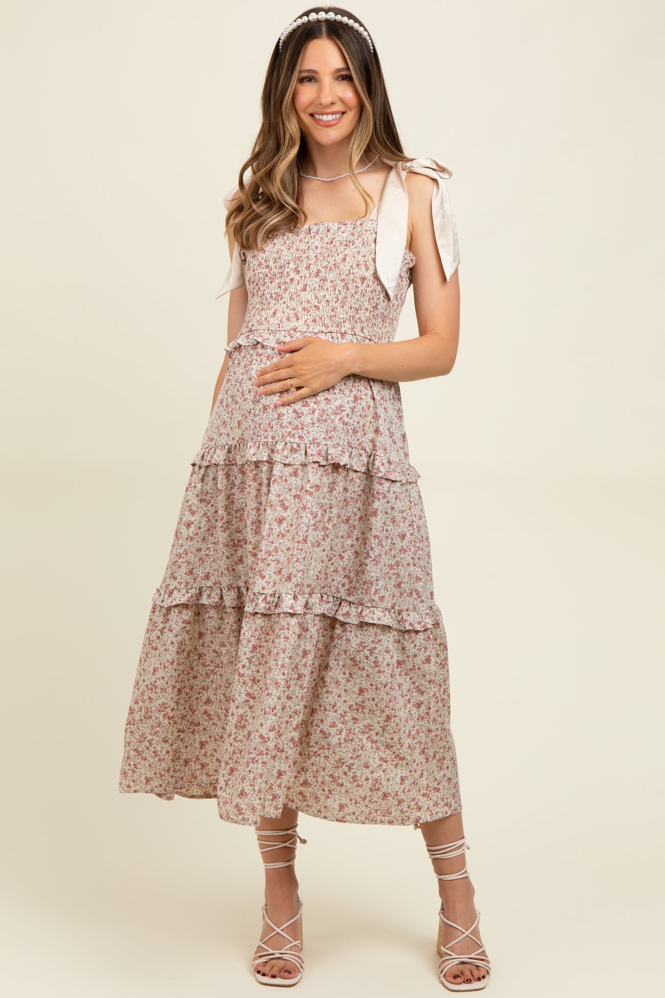 Cream Tie Shoulder Detail Floral Maternity Midi Dress