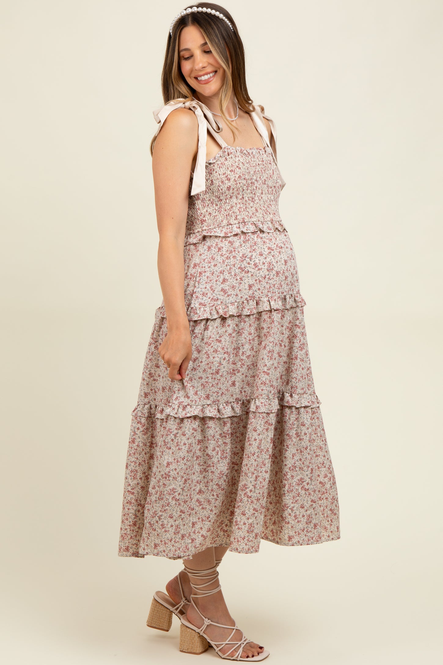 Cream Tie Shoulder Detail Floral Maternity Midi Dress