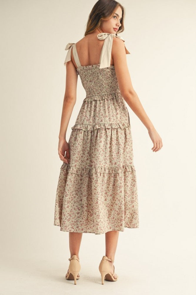 Cream Tie Shoulder Detail Floral Midi Dress