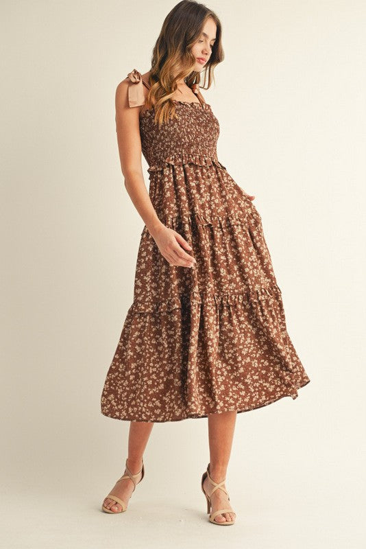 Brown Tie Shoulder Detail Floral Midi Dress