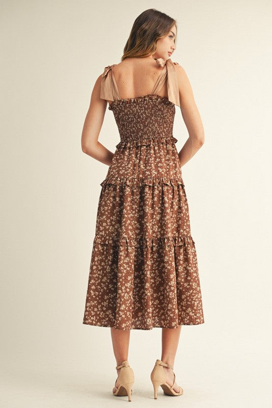 Brown Tie Shoulder Detail Floral Midi Dress