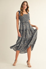 Navy Tie Shoulder Detail Floral Maternity Midi Dress