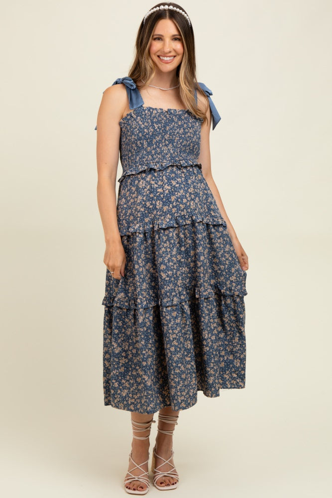 Navy Tie Shoulder Detail Floral Maternity Midi Dress