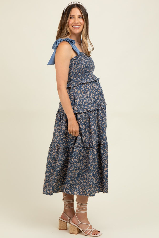 Navy Tie Shoulder Detail Floral Maternity Midi Dress