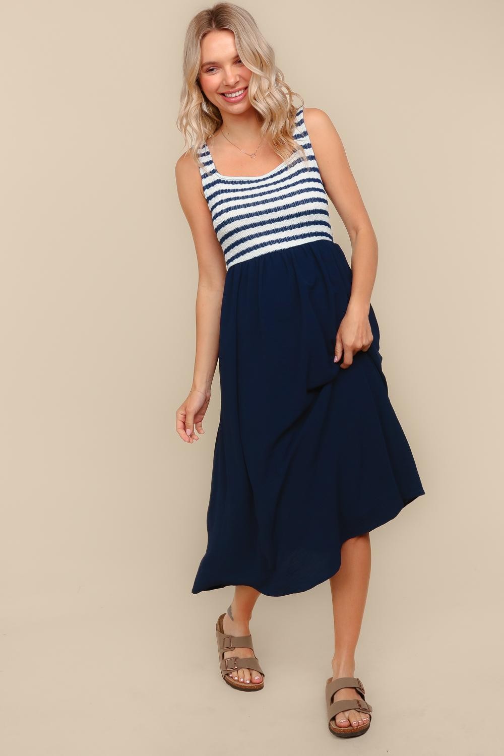 Navy Striped Fit And Flare Sleeveless Plus Midi Dress