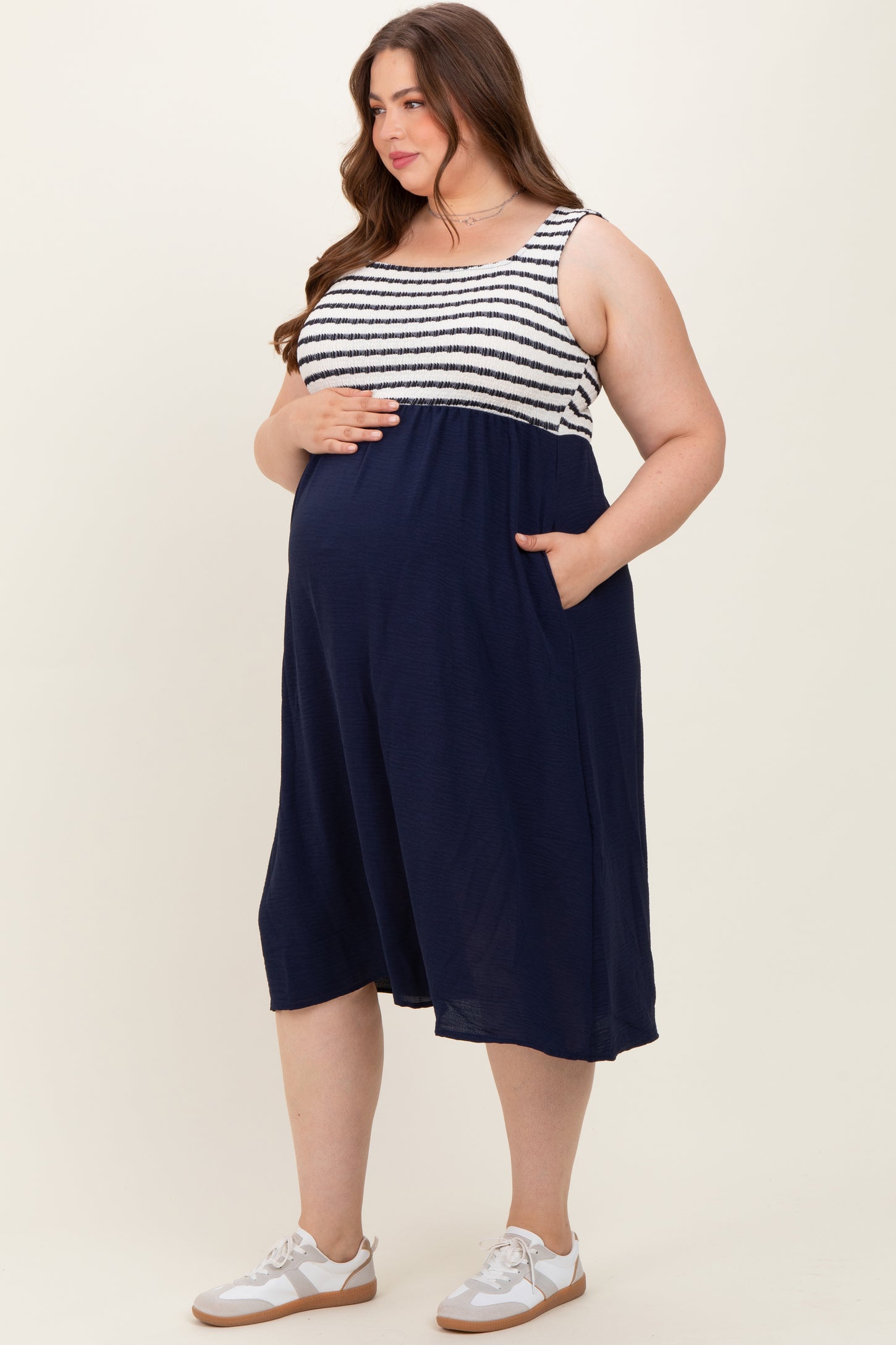 Navy Striped Fit And Flare Sleeveless Plus Maternity Midi Dress