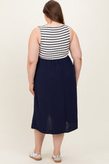 Navy Striped Fit And Flare Sleeveless Plus Maternity Midi Dress