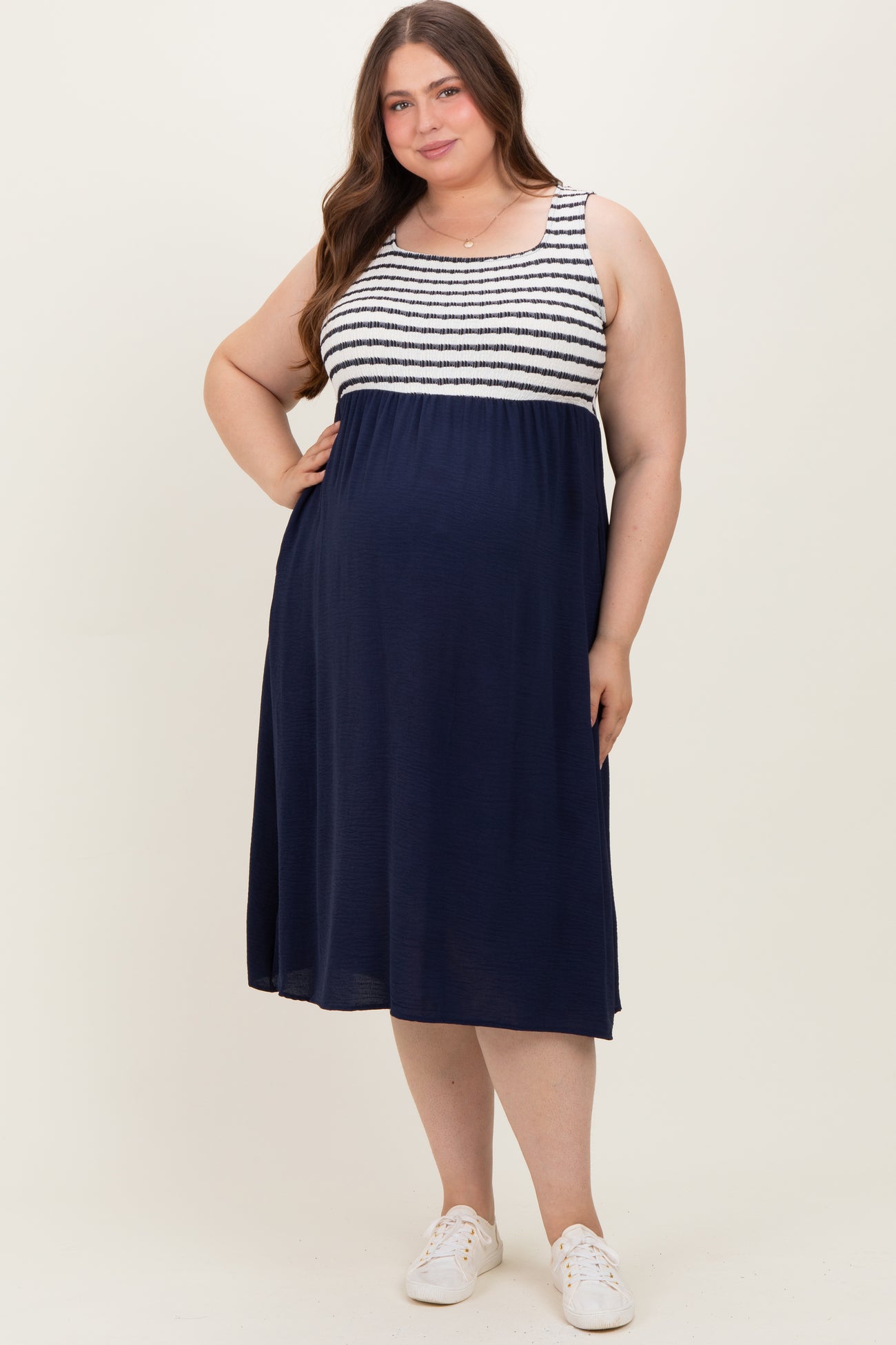 Navy Striped Fit And Flare Sleeveless Plus Maternity Midi Dress
