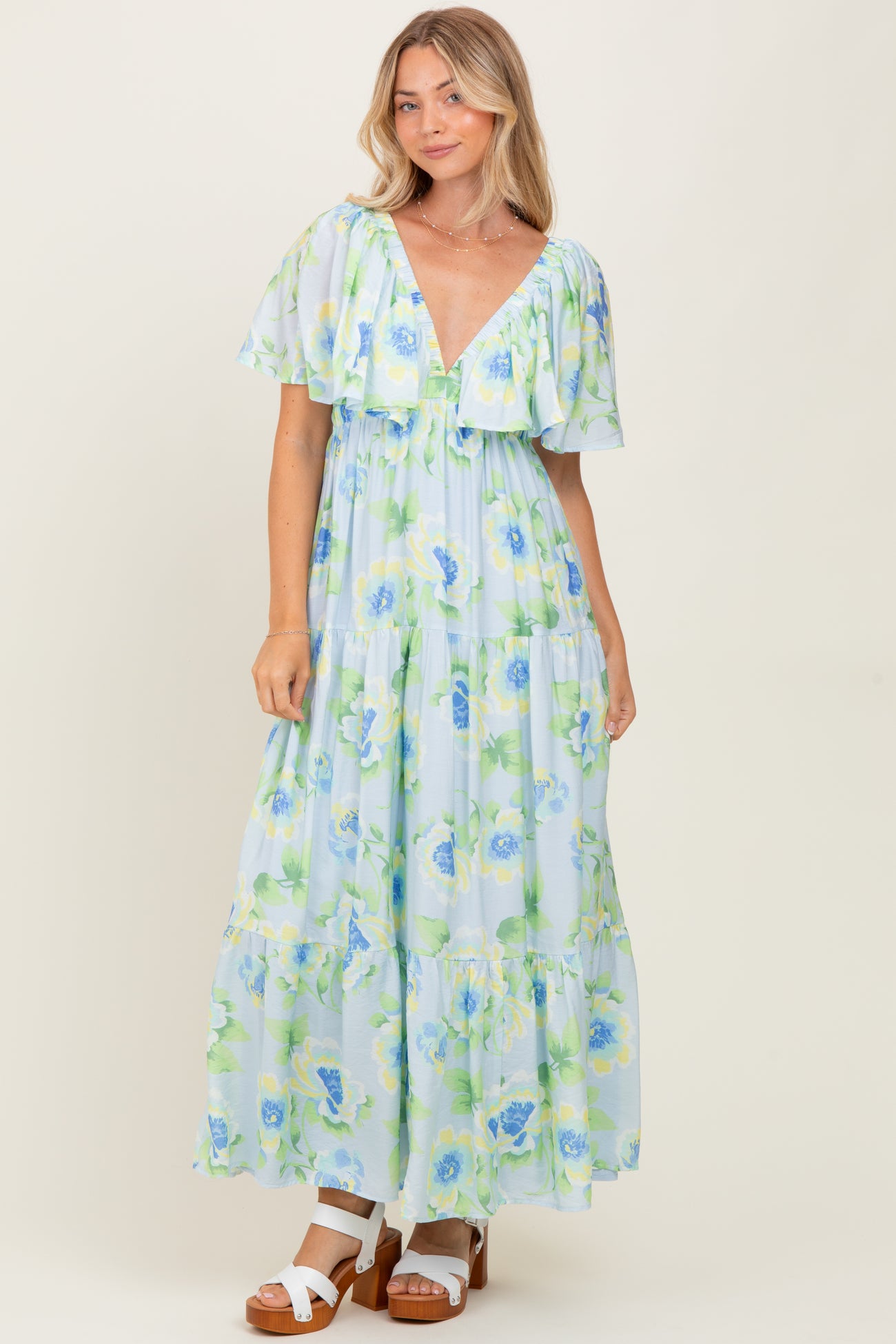 Sky Blue Floral Print Maxi Dress