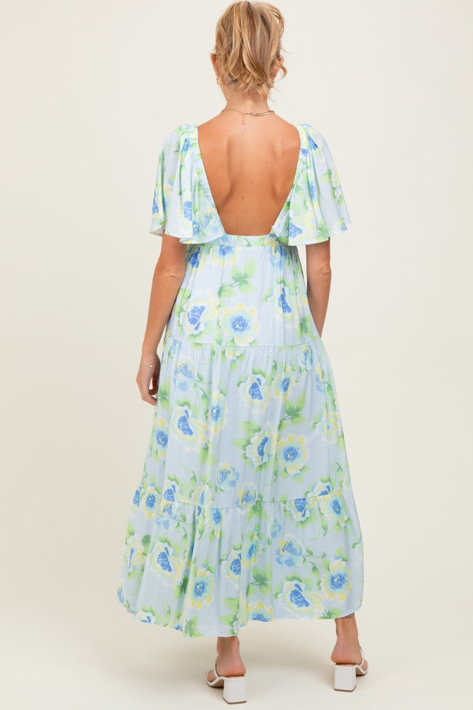 Sky Blue Floral Print Maternity Maxi Dress