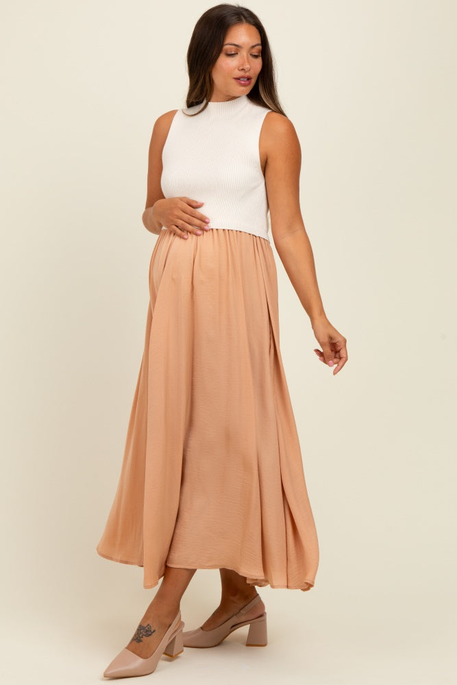 Beige Sleeveless Half Sweater And Satin Skirt Midi Maternity Dress