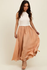 Beige Sleeveless Half Sweater And Satin Skirt Midi Dress