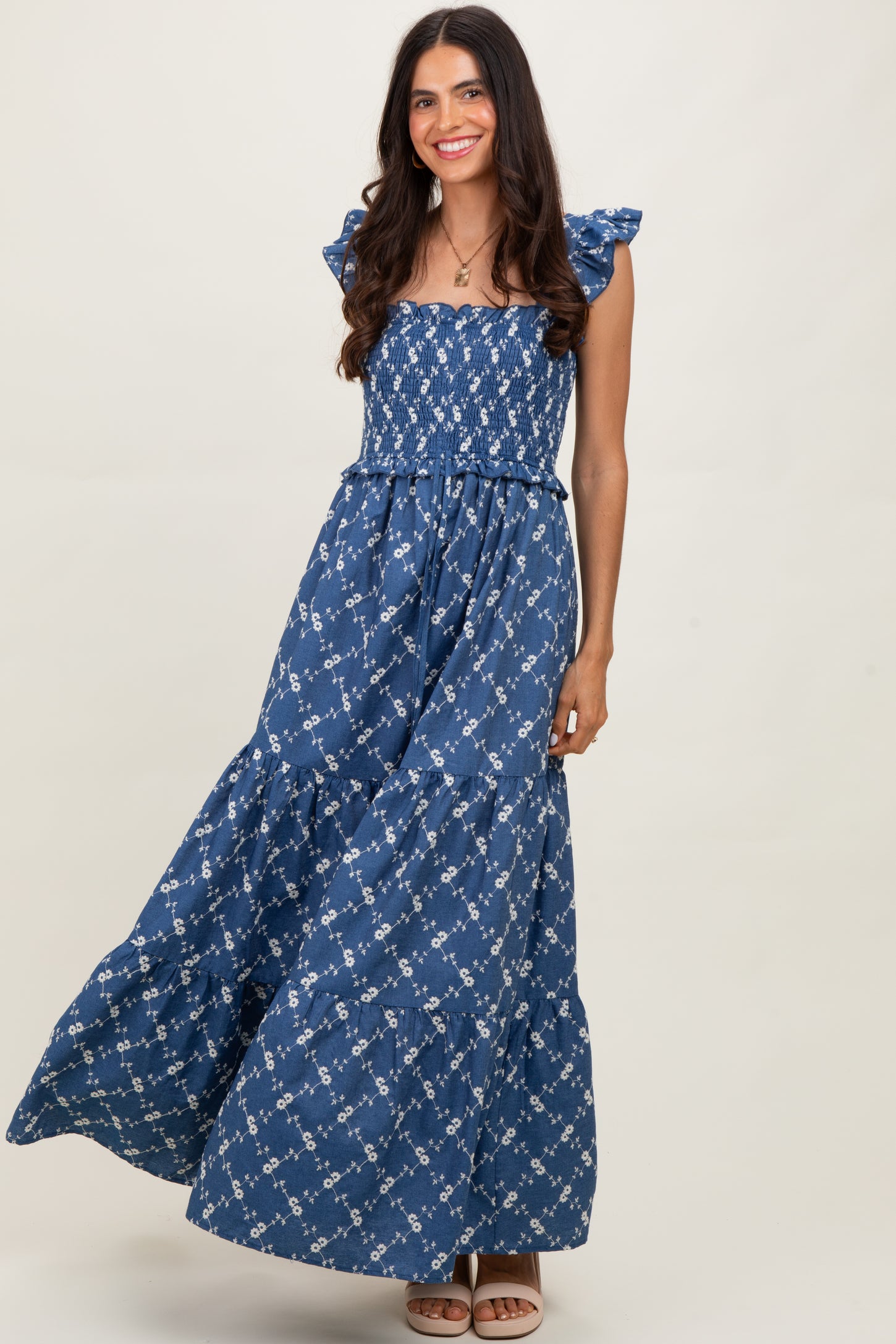 Denim Off White Floral Embroidered Tiered Maternity Maxi Dress