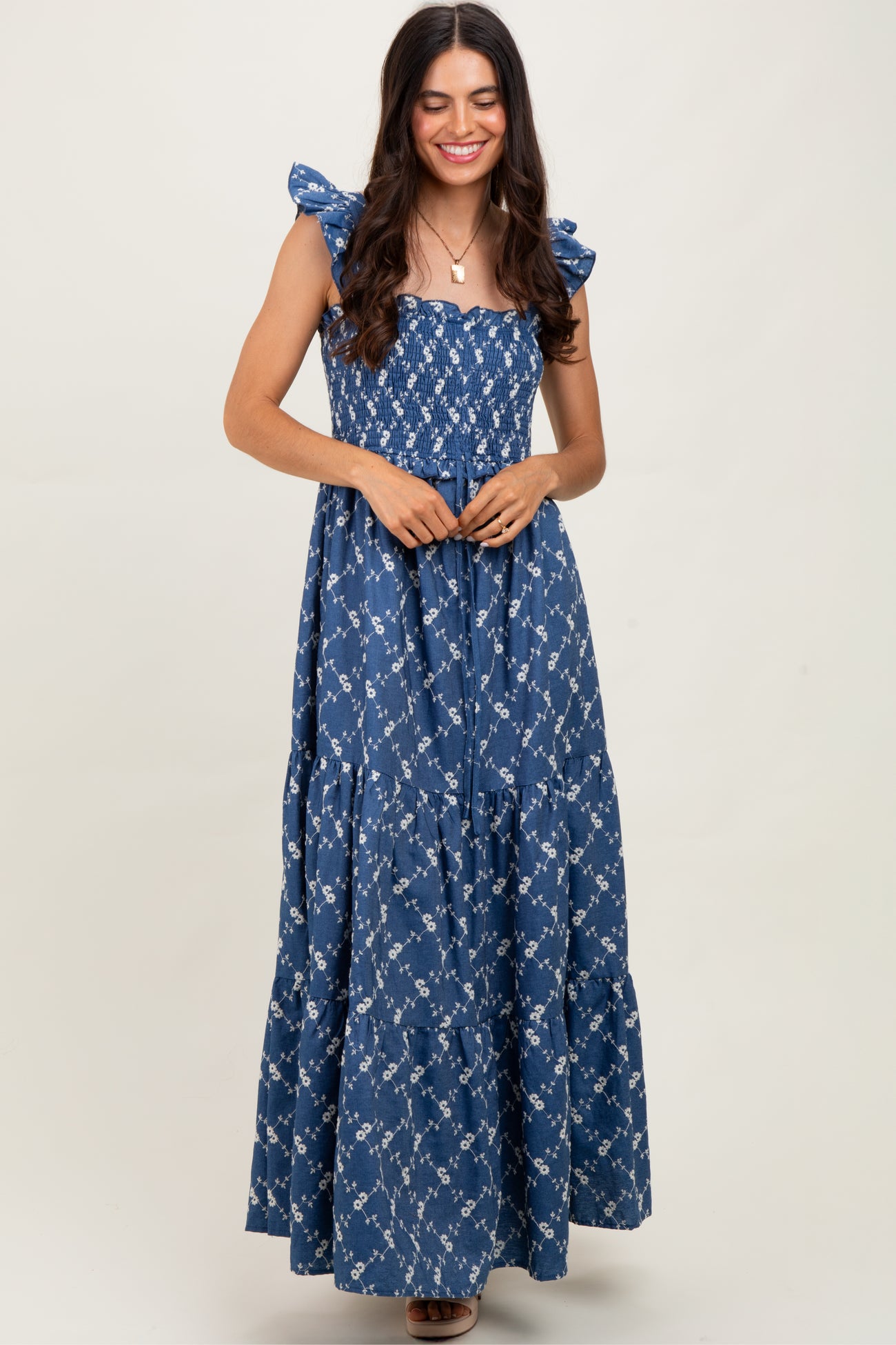 Denim Off White Floral Embroidered Tiered Maxi Dress