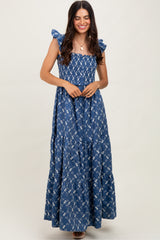 Denim Off White Floral Embroidered Tiered Maxi Dress