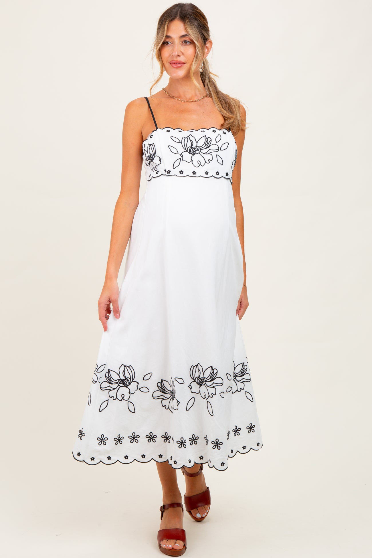 Ivory/Black Floral Embroidered Maternity Maxi Dress