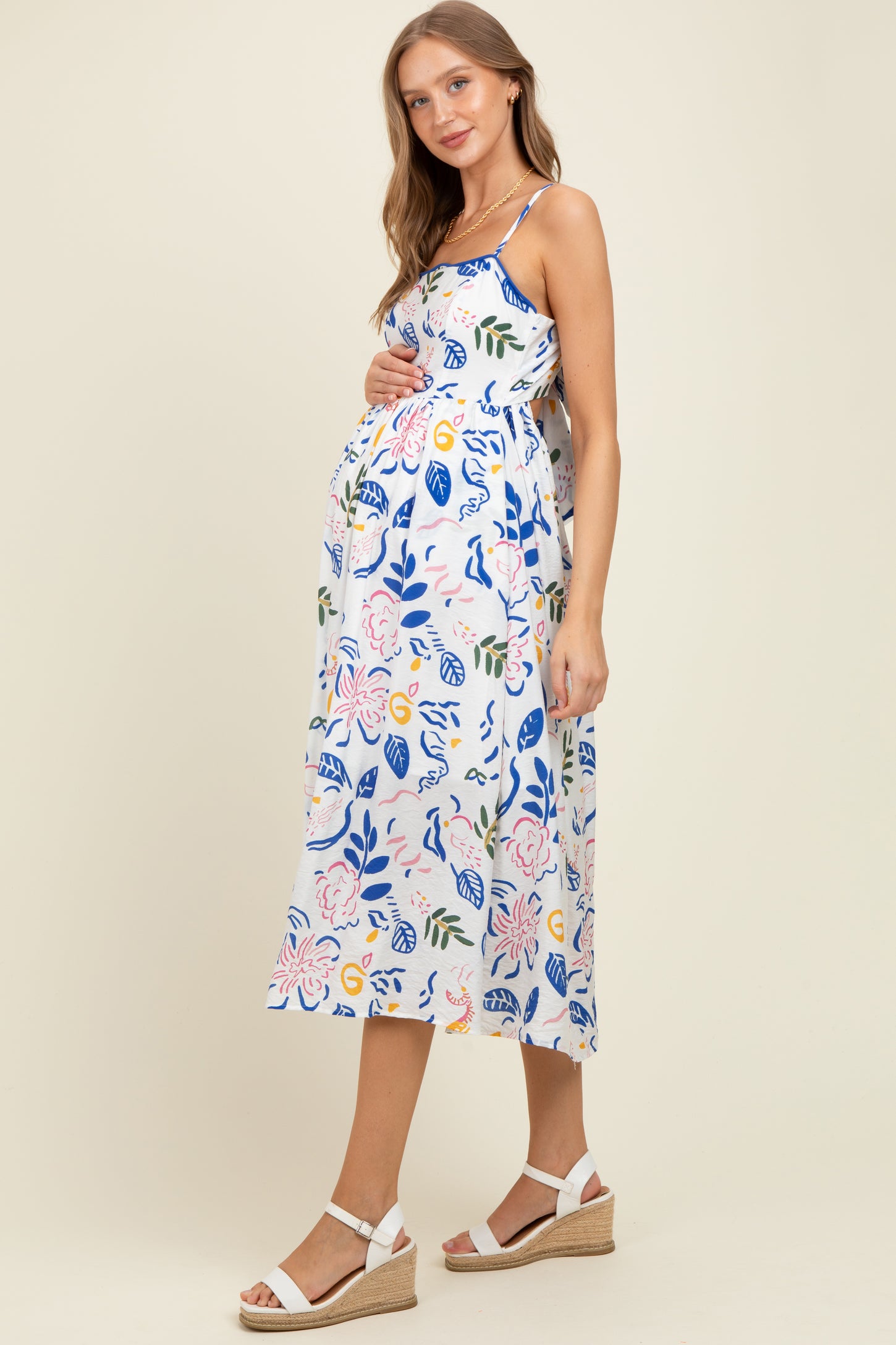 Ivory/Blue Leaf Printed Contrast Piping Detail Maternity Midi Dress