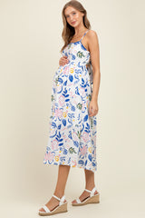 Ivory/Blue Leaf Printed Contrast Piping Detail Maternity Midi Dress