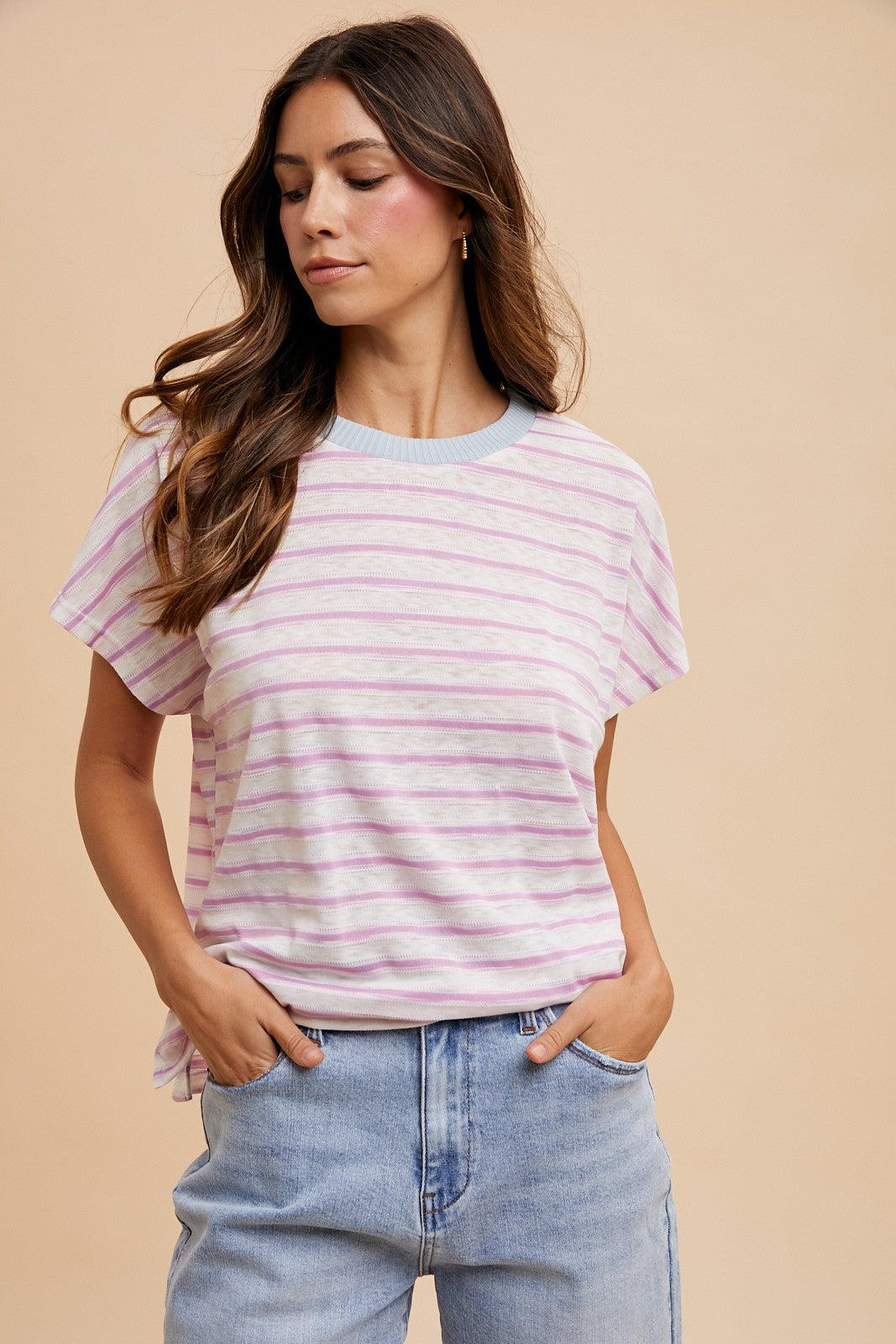 Pink Combo Contrast Neck Band Striped Slub Jersey T Shirt