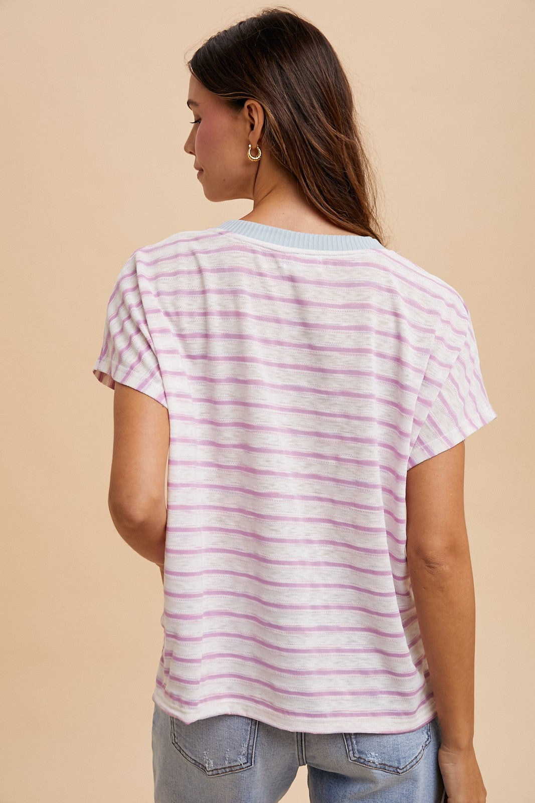 Pink Combo Contrast Neck Band Striped Slub Jersey T Shirt