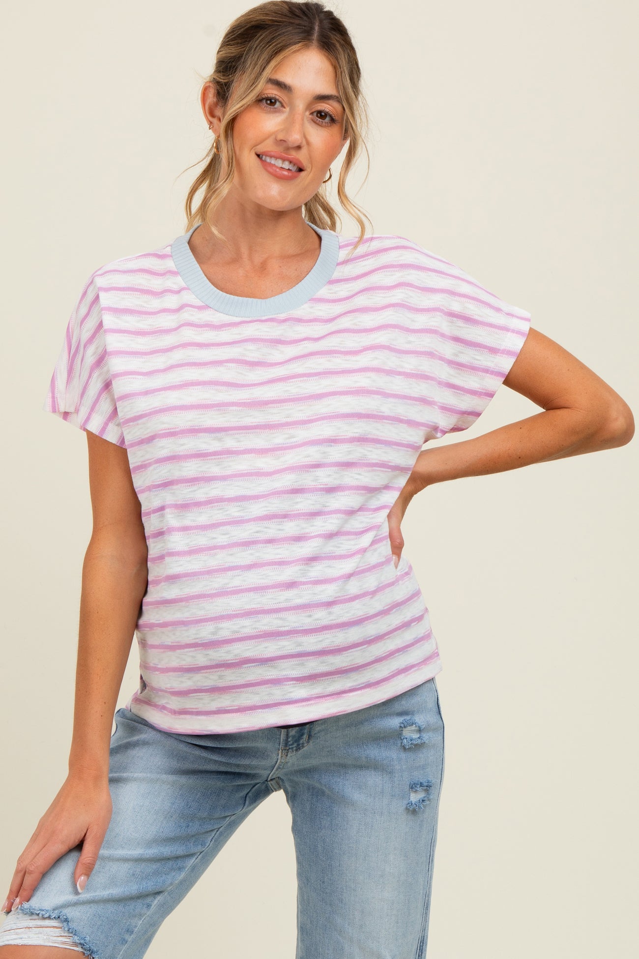 Pink Combo Contrast Neck Band Striped Slub Jersey Maternity T Shirt