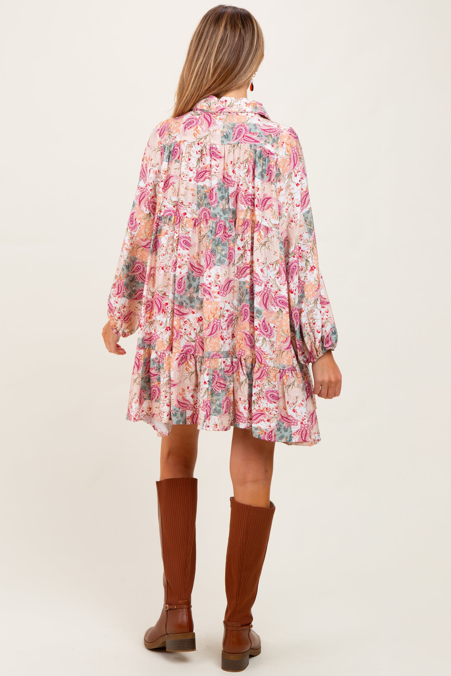 Apricot/Red Multi Floral Paisley Print Half Buttoned Maternity Shirt Dress