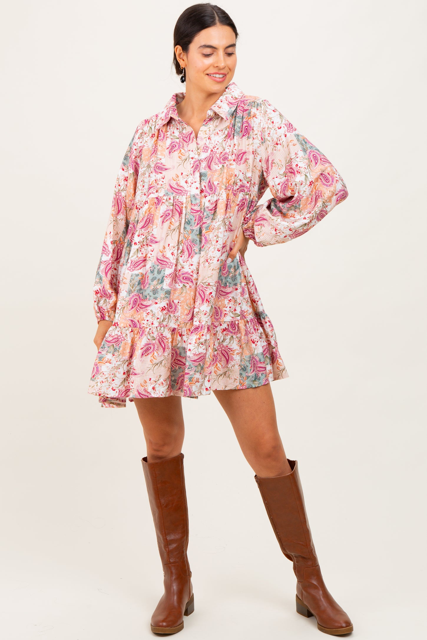 Apricot/Red Multi Floral Paisley Print Half Buttoned Shirt Dress
