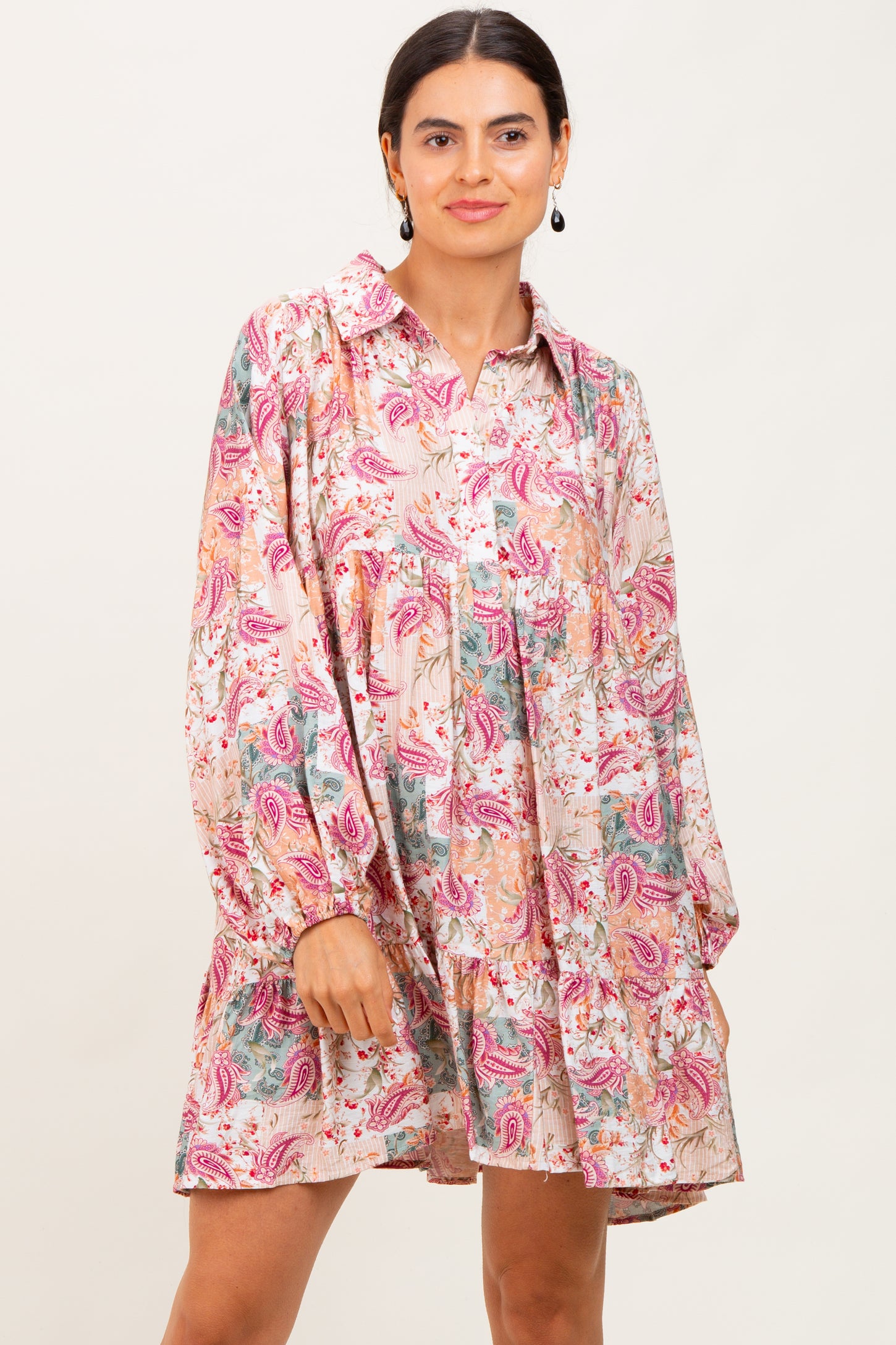 Apricot/Red Multi Floral Paisley Print Half Buttoned Shirt Dress