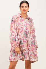 Apricot/Red Multi Floral Paisley Print Half Buttoned Shirt Dress