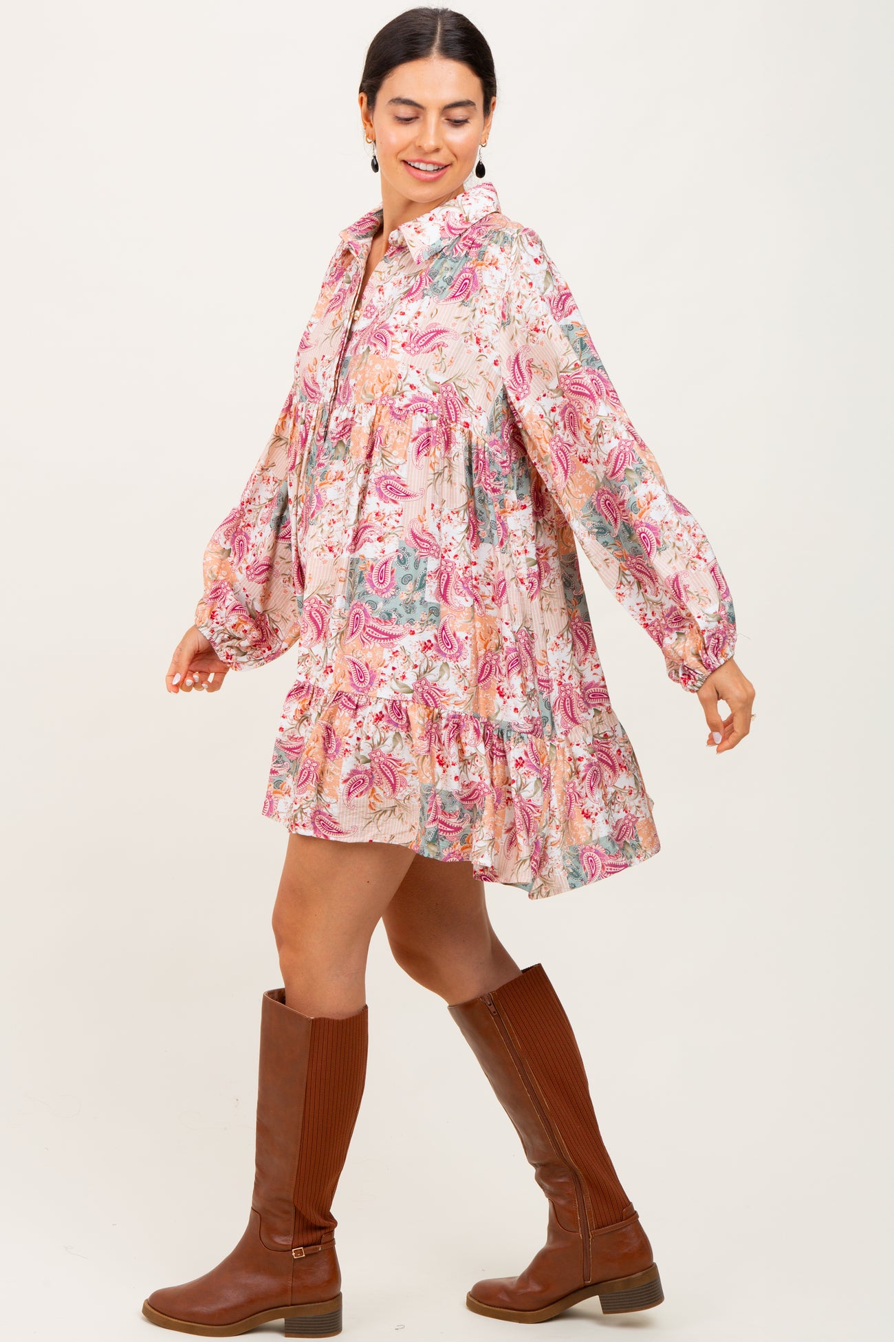 Apricot/Red Multi Floral Paisley Print Half Buttoned Shirt Dress