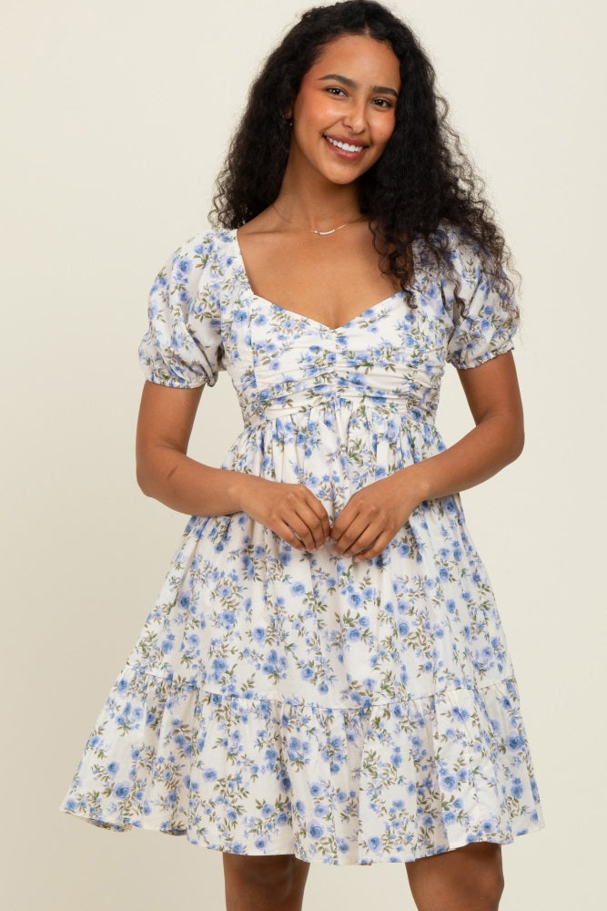 Cream/Lavender Ruched Bust Puff Sleeve Floral Cotton Maternity Mini Dress