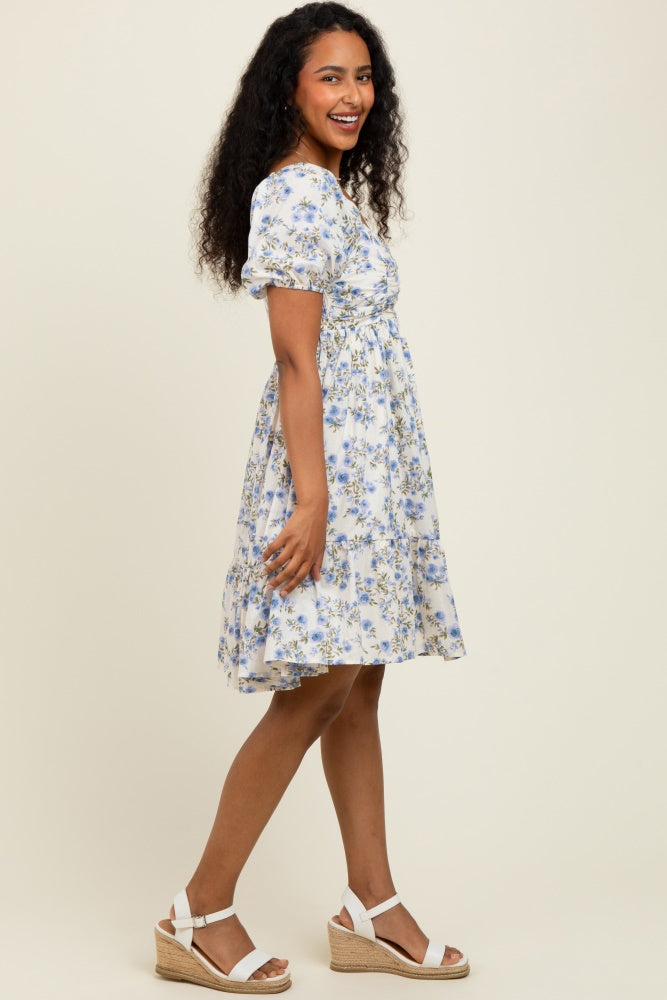 Cream/Lavender Ruched Bust Puff Sleeve Floral Cotton Mini Dress