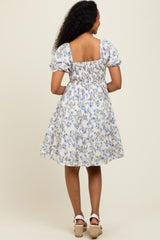 Cream/Lavender Ruched Bust Puff Sleeve Floral Cotton Mini Dress