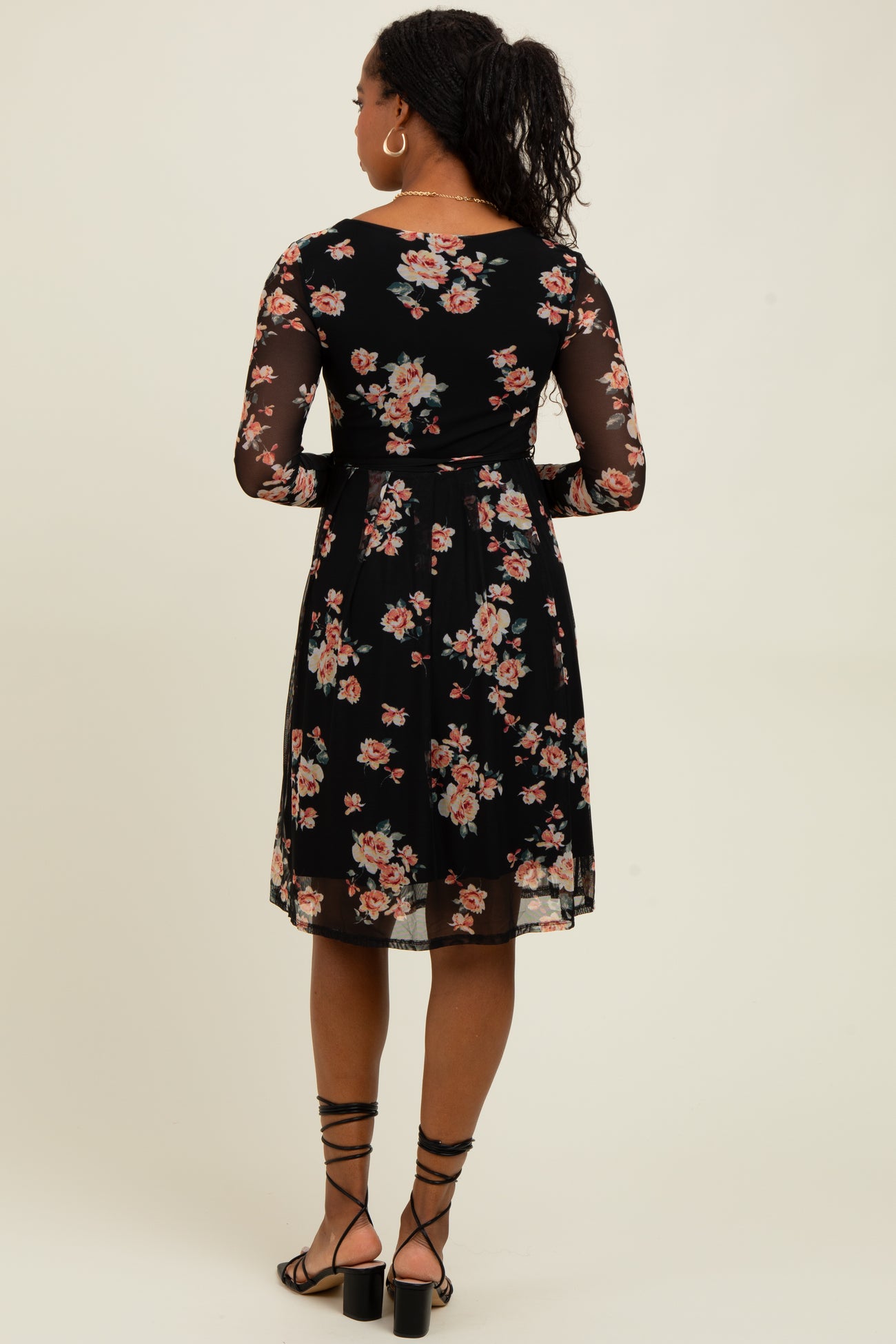 Black Floral Square Neck Long Sleeve Dress