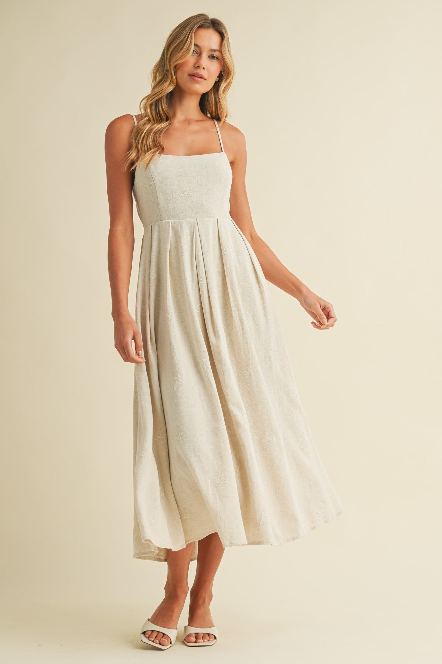 Beige Linen Ribbon Pattern Embroidered Maternity Midi Dress